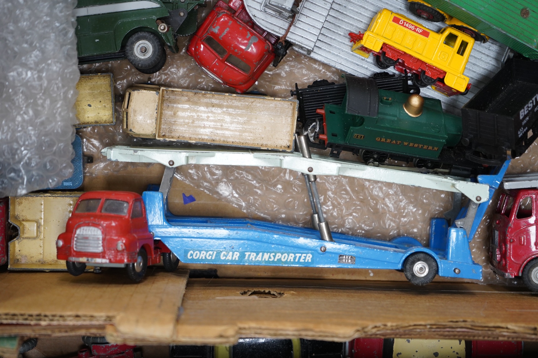 A quantity of 1950s/60s Dinky Toys, Corgi Toys, Matchbox Series, etc. including two boxed Dinky Supertoys; BBC T.V. Mobile Control Room (967), BBC T.V. Roving Eye Vehicle (968), together with unboxed vehicles including;